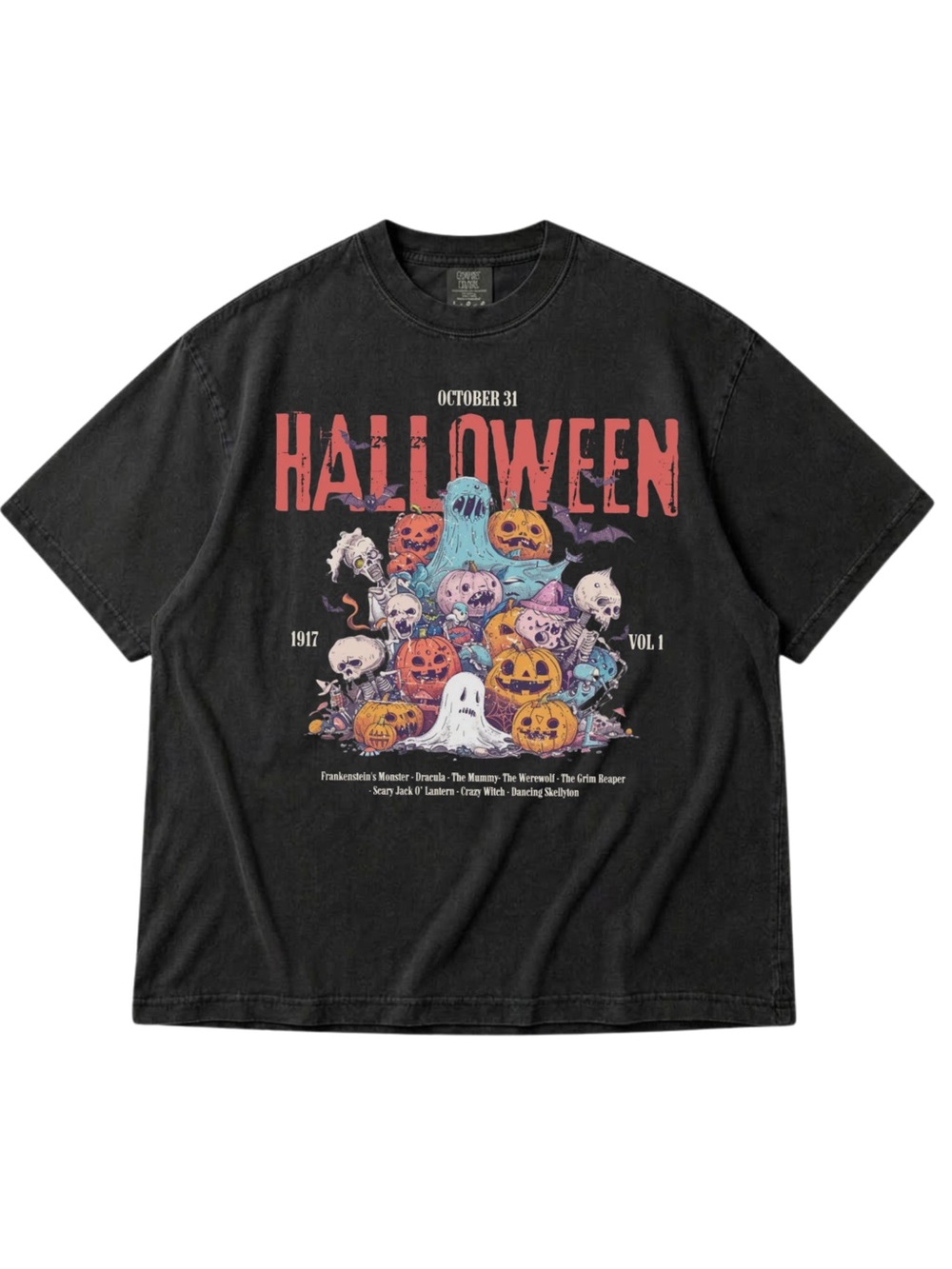 Comfort Colors Black Halloween Graphic Tee with Colorful Pumpkins